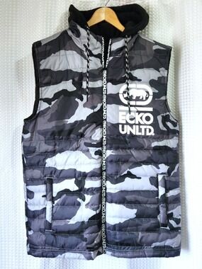 Ecko Unltd Hooded Vest Men’s Large Camo Quilted Lined Full Zip Streetwear